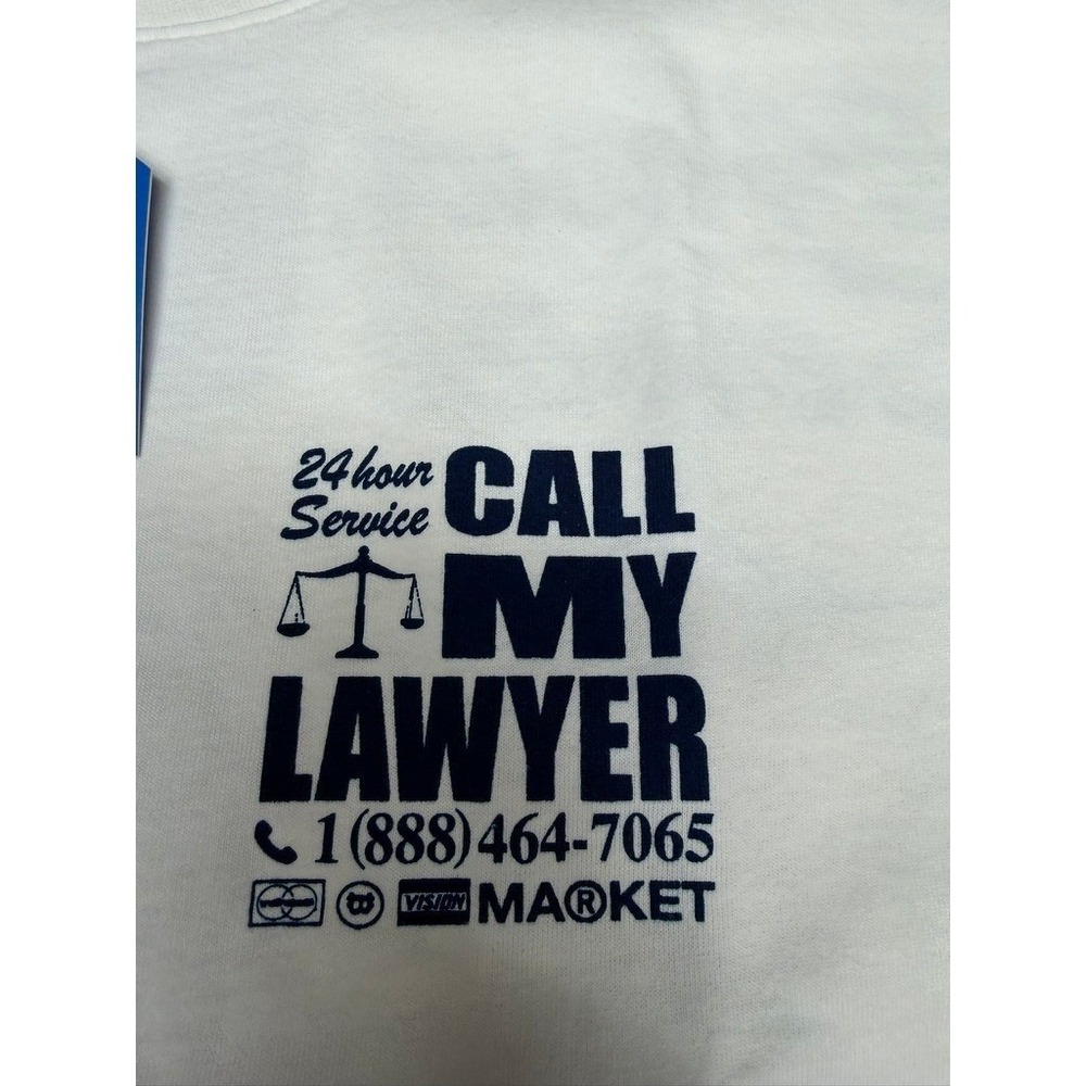 NWT! "Market" Call My Lawyer Graphic T-Shirt Men L‎ White Short Sleeve Smudge